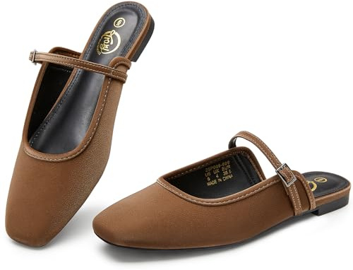 Trary Mules for Woman Mary Jane Flat Shoes Slip on Comfortable Backless Loafers Flats Square Toe Office Casual Vintage Brown