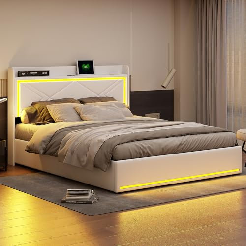 Boxspringbett Doppelbett 140 x 200 cm, Erwachsenenbett mit verstellbarer LED, Polsterbett mit Lattenrost, Hydraulikbett, Kopfteil mit Stauraum, USB-Aufladung, PU-Gewebe, Weiß (B,140 cm)