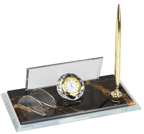 Personalized Desk Name Plate with Clock Pen and Cardholder, Glass Desk Name Plate