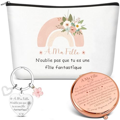 Xuniea 3 Cadeaux pour Ma Fille Inclure Trousses de Maquillage à Fermeture Éclair Porte-Clés avec Pendentif Fleur et Miroir de Poche Cadeau 18 Ans Fille Mariage Noël