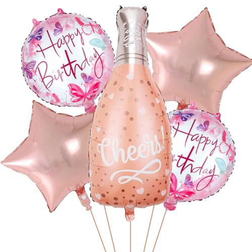 Ovanda 5 Stück Champagne Folienballon, XXL Weinflasche ballons, Riesen Rosegold Sektflasche Helium Ballons, Rosa Stern Dekorative Folie Luftballons für Jubiläum Geburtstag, Bierthema Party