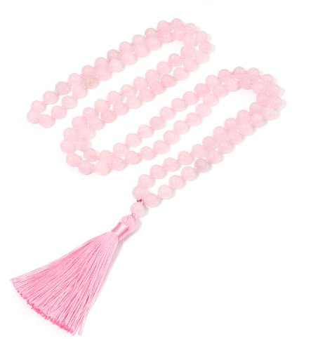 BALIBALI Collana lunga con perline da 8 mm, per chakra, pietra naturale, meditazione, yoga, rosario buddista, preghiera con perline, Quarzo rosa, Quarzo rosa