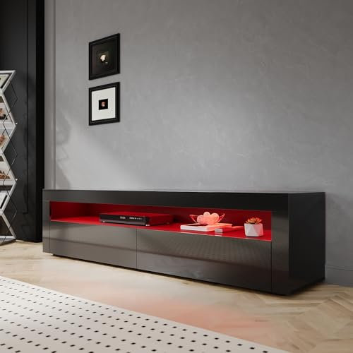 SIRHONA Meuble TV Noir, Meuble Tele avec LED, Éclairage LED RGB avec Couleur réglable, 2 Placards avec Portes, 180x40x45cm, Convient pour Salon ou Chambre