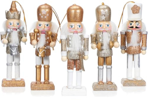 Garneck Wooden Nutcracker Ornament with Glittering Powder Creative Holiday Decoration for Christmas Tree Party and Home Decor Charming Christmas Puppet Pendant Platinum Color