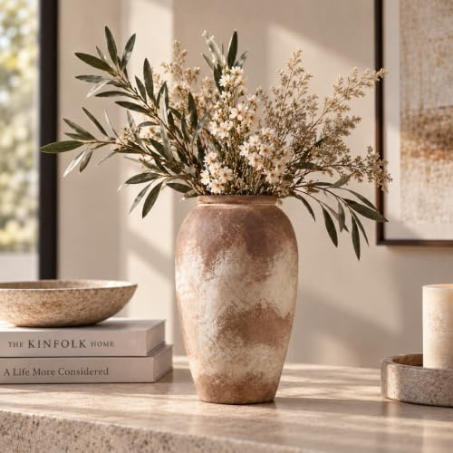 10 Inch Ceramic Rustic Farmhouse Flower Vase,Vintage Ceramic Vase | Handcrafted Pottery，Flower Arrangement，Table & Shelf &Home Decor, Terracotta for Living Room, Mantel Decoration