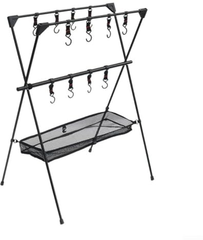 Vilgftyiet Camping Storage Rack Foldable Aluminium Tripod Shelf Quick Assembly Sturdy Design with Net Pocket Hook for Outdoor Tableware Pots Lamps Campsite Organisation Easy Carry 86x65x49cm