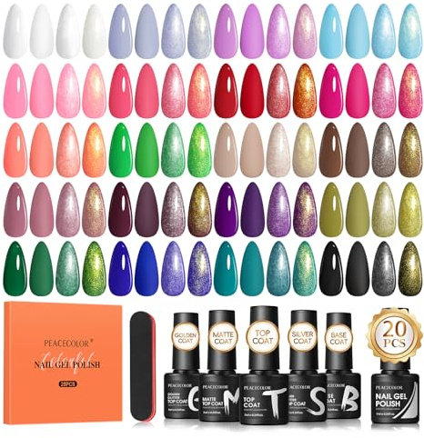 PEACECOLOR 25PCS Gel Nail Polish Set, White Green Pink Gel Polish Starter Kit with Base Coat and Glitter Matte & Glossy Top Coat Nail Art Set DIY Home Gifts for Women
