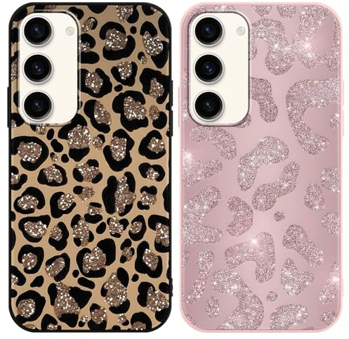 Yirlbey 2 Stück Handyhülle für Samsung Galaxy S23 5G Hülle 6,1, Aesthetic Muster Glitzer Motiv Design Weiche TPU Ultra Dünn Bunt Silikon Schutzhülle Kratzfeste Stoßfest Case für Mädchen, Leopard