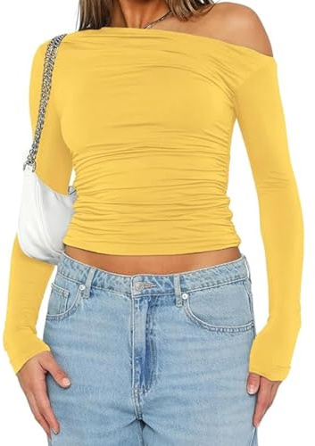 Off-The-Shoulder top Long-Sleeved Shirt Women's Basic T-Shirt Casual Y2K Slim fit Crop Tops