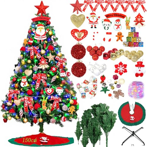 Sapin De Noël, 150 cm Sapin De Noël Pliable avec Lumières LED BoulesNoël étoile à La Cime Décorations Dessins Animés Nœud Carte De Vœux Cache-Pied avec Support Pliable Et Réutilisable (150CM)