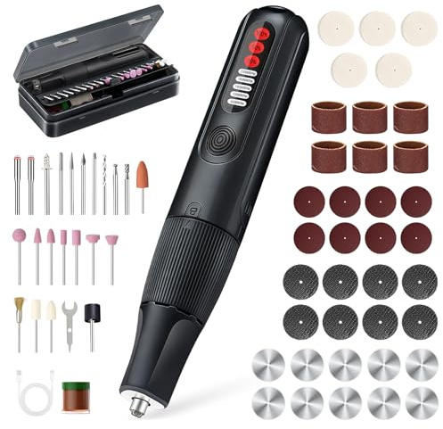 Focenat 8V Outil Rotatif Multifonction Sans Fil avec 61 Pièces Accessoires, 5-Vitesses, 23000tr/min Max, Mini Perceuse Sans Fil Avec Lumière LED, pour Sculpture Polissage Ponçage Perçage et Bricolage