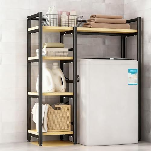 Trommel-Waschmaschinen-Bodenregal, Universales Waschmaschinen Regal Front/Toplader, Multi-Etagen Organizer mit X-Verstrebung & Verstellbaren Anti-Rutsch Füßen(Black,Flip Model-105cm/41.3in)
