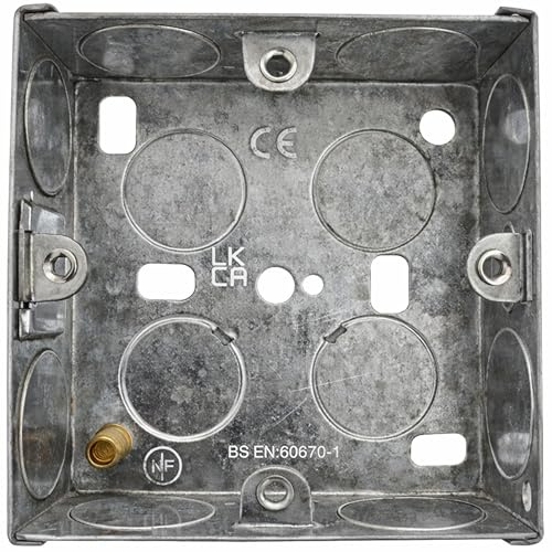 1 Gang 25mm Metal Flush Back Box – Galvanised Steel Pattress for Electrical Sockets & Switches, BS EN 60670-1 Compliant, Earth Terminal