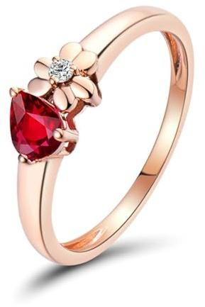 Damen Ring Rose Gold, Wedding Ring Rot 0.4 Karat Rubin Birnenform Blume Gr.56 (17.8) 18 Karat Roségold