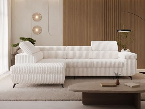GRAINGOLD Argon L Ecksofa modern mit Bettfunktion, 255x190 cm, L-Form Sofa, Schlafcouch für Wohnzimmer, Cordstoff, 4-Sitzer Eckcouch, Ecksofa mit Bettkasten (Creme, Links)