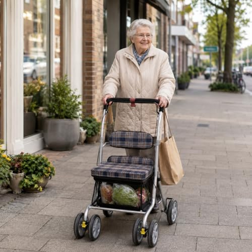 LÖSCH Shopper - Einkaufswagen mit Sitz & Rückenlehne – Einkaufstrolley mit Bremse, 50L Tasche, klappbar, leicht & stabil – Alternative zum Rollator für Senioren