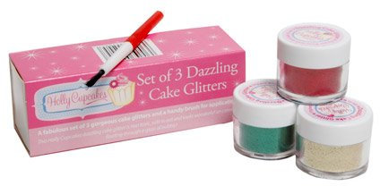 Set of 3 Holly Cupcakes Stunning Sparkly Decorating Glitters with Application Brush: Gold, Red and Holly Green