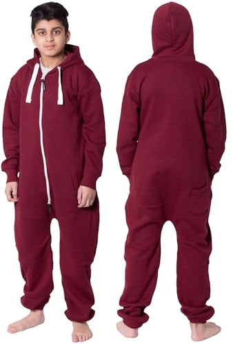 Unisex Kids Girls Boys Plain Colour Fleece Hooded Onesie, Wine, Size 9-10 years