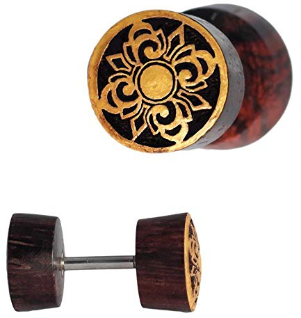 CHICNET Damen Herren Fake Plug Piercing Ohr aus Sonoholz Holz und Edelstahl, Motive Gold, Blume Buddha Ankh Baum des Lebens Mandala Ornament Pentagramm Triskele