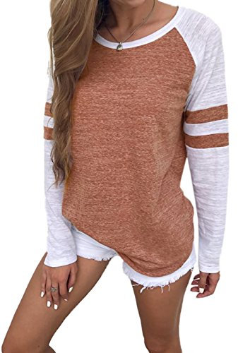 Famulily Women's Long Sleeve Baseball Tee Shirt Crew Neck Colorblock Striped Tops(Brown,XX-Large)