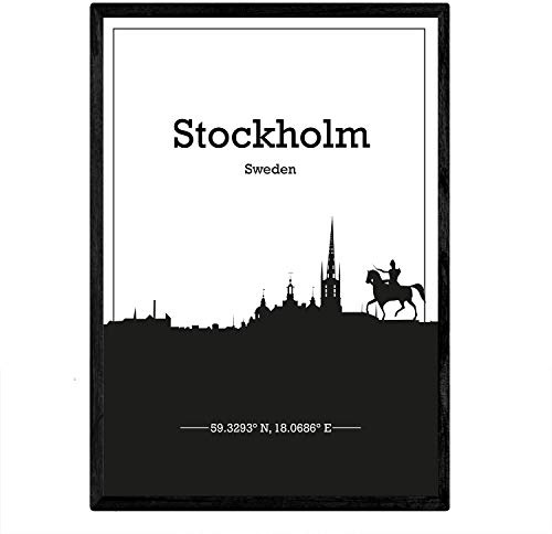Nacnic Poster con Mapa de Stockholm - Suecia. Láminas con Skyline de Ciudades del Norte de Europa con Sombra Negra. Tamaño A4