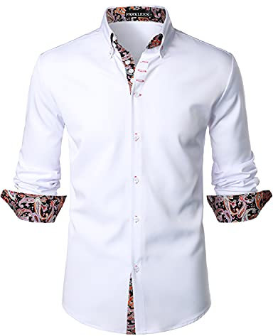 PARKLEES Mens Hipster Paisley Patchwork Design Slim Fit Long Sleeve Button Up Dress Shirts White L