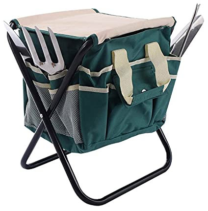 Flur Silva Sgabello con Set Organizer Kit 7 Attrezzi da Giardino Giardinaggio Sediolino Pieghevole