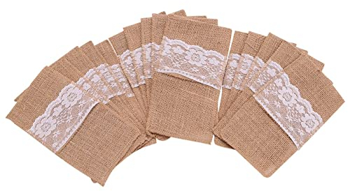 Ticarus 75 StüCk Bestecktasche Spitze Vintage Besteckbeutel Hochzeit Geschirr Messer Halter Tasche Hessische Tisch Dekoration ZubehhR