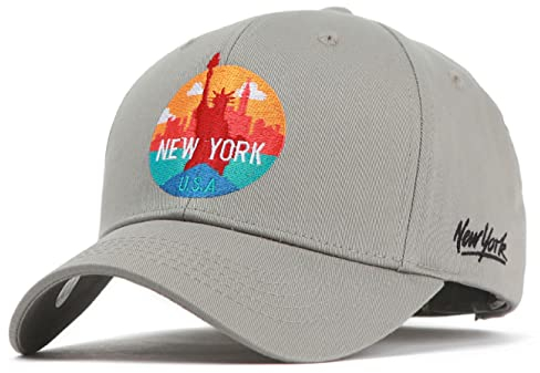 NY New York Statue of Liberty Logo Baumwolle 6 Panel strukturierte klassische Baseballkappe Snapback Hat, Grau, M-L