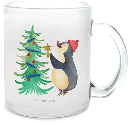 Mr. & Mrs. Panda Teetasse Pinguin Weihnachtsbaum - Geschenk, Wintermotiv, Winter, Weihnachten, Tasse mit Henkel, Glas Teetasse, Heiligabend, Teeglas,