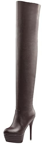 Lroey Reoly Stivali da Donna Sopra Il Ginocchio con Tacco a Spillo, Stivali da Vestito Tacco Alto Punta Rotonda Boots Zip Plateau 198 Marrone-Hm Numero 45 EU