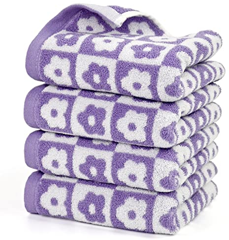 Jacquotha Cotton Face Towels Set of 4 - Checkered Floral Bathroom Hand Towels for Everyday Use, 29” x 13” Lilac