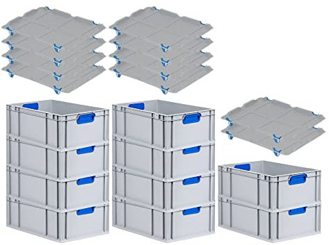 PROREGAL SuperSparSet 10x Eurobox NextGen Color mit Auflagedeckel & Schiebeschnappverschlüsse, HxBxT 22x40x60cm, 44L, Griffe blau geschlossen, Verstärkter Boden, Eurobehälter Transportbox