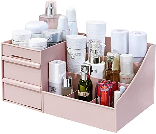 RUBRYKAZ Make-up-Schreibtisch, Kosmetik-Aufbewahrungsbox, Organizer mit Schubladen für Schminktisch, Schminktisch, eleganter Schminktischhalter für Pinsel, Lidschatten, Lippenstift und Nagellack- Rosa