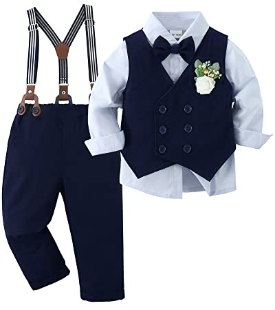 ZOEREA Baby Boy Gentleman Outfits Clothes Sets Infant Wedding Long Sleeve Formal Dress Shirt + Bowtie + Vest + Boutonniere + Suspender Pants Blue,3-4 Years