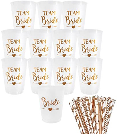12 Stück Team Bride Becher JGA Becher Wiederverwendbar Bachelorette Party Cup mit 12 Rosagold Folie Team Bride Strohhalme für Bridal Shower Verlobungsfeier Junggesellenabschied frauen Party