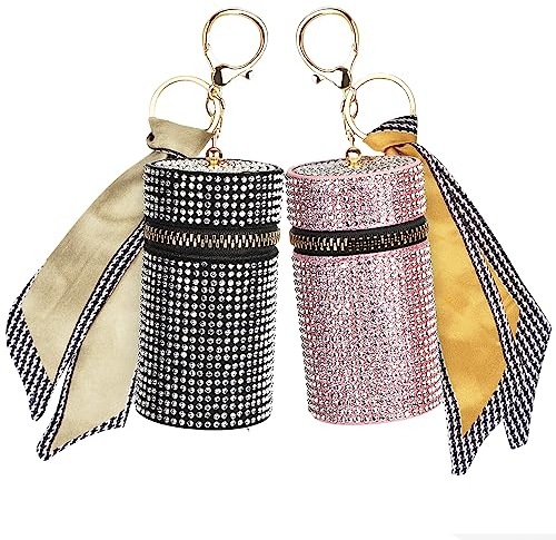 Adorila Lippenstift-Etui, Schlüsselanhänger, Leder, Diamant-Lipgloss-Halter, Reise-Lippenstift-Organizer für Fingernagelpolitur, 2 Stück, Schwarz/Rosa, Modern
