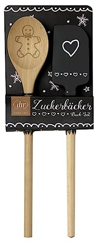 ZauberDeko Teigschaber und Holzlöffel Lebkuchenmann Schwarz Backutensilien Weihnachten 2er Set