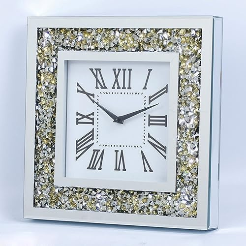 CUYOU Wanduhr, Wohnzimmerdekoration, zerkleinerter Diamant, Spiegel, Badezimmer-Uhren, Wand-Kristall-Dekorationen für Zuhause (Golden-Quadrat, 35 cm (L)
