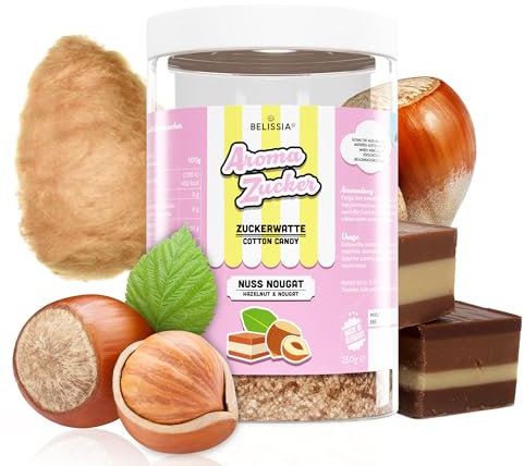 Belissia Aromazucker | 250g Zuckerwatte Zucker mit Nuss Nougat Geschmack | Intensiver Aromazucker für jede Zuckerwattemaschine | Geeignet für Dessert, Popcorn, Kratzeis, Slush, Cocktails uvm.