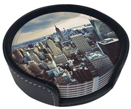 Lot de 6 dessous de verre en cuir avec support imprimé New York pour boissons, dessous de verre isothermes de voiture, dessous de verre ronds pour décoration de table basse