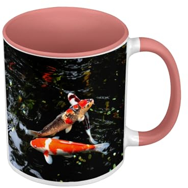 Fabulous Tasse, Farbe Premium Qualität, Rosa – Drei Koi-Karpfen im Schwarzen Wasser Japanischer See – Tasse mit Henkel und farbigem Innenfutter