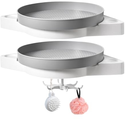 Eck-Duschregal, um 360 Grad Drehbar, Eckregal für Dusche mit Drehbarem Tablett, Haken Drehbar, Ohne Bohren, Selbstklebende Duschregale für Badezimmer, Schlafsaal, Küche (Grau, 2 Stück)