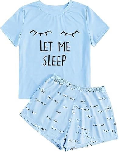 Haloumoning Pigiama estivo da ragazza, set di pantaloncini comodi, a maniche corte, con stampa a cartone animato, maglietta e pantaloni corti, Blu, 10-12 Jahre