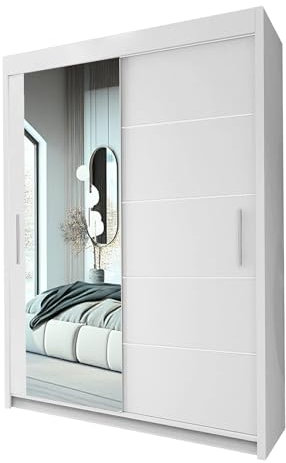 INTERIOR EMPORIUM's ONYX Mirror Sliding Door Wardrobe 120cm/150cm/180cm/203cm/250cm, You Can Get This to Create a Chic Retreat in Your Bedroom. (WHITE, 150CM)