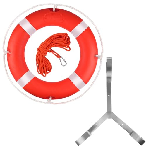 Lifebuoy, Boat Safety Rings 23 Inches, Buoy with Reflective Tape and Grip Lines, Orange Lifebuoy for Boats Includes Floating Water Cord and Bracket