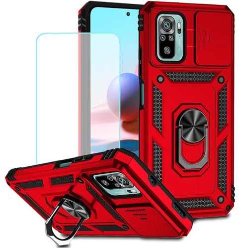 Jhxtech Funda Moviles para Redmi Note 10/Redmi Note 10S/Poco M5S con protector de pantalla de cristal templado y cubierta para cámara deslizante, anillo magnético, soporte para coche, funda protectora