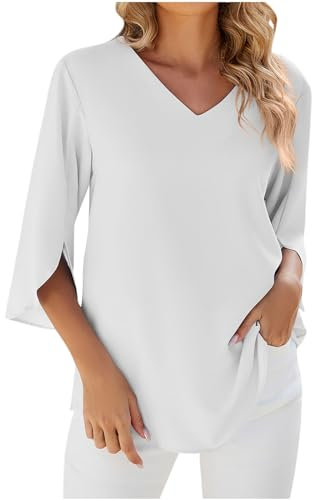TRIGLICOLEUM Blusa de gasa para mujer, monocolor, cuello de pico, elegante, para verano, media manga, jersey para adolescentes, niñas, camiseta holgada, túnica, camiseta ligera, Blanco, L