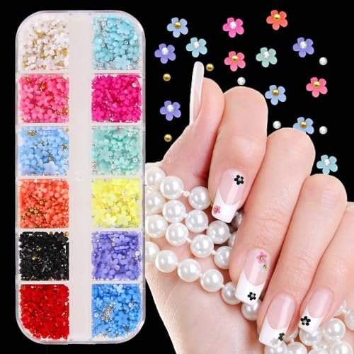 12 Grid Nails Caviar Beads 3D Colorful Nail Rhinestones Flower Nail Charms Acrylic Nails Flowers Pearl Nail Dems Design Nail Charms Accessories Kit for DIY Nail Art Decorations