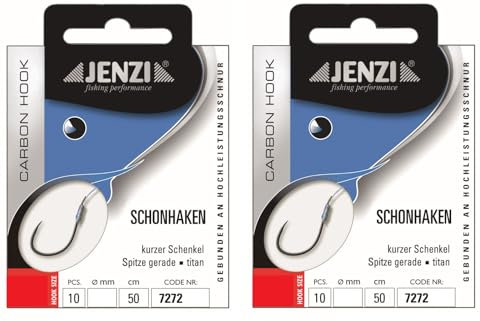 Set 2 Packungen gebundene Schonhaken ohne Wiederhaken, Angelhaken von Jenzi (20 Stück), 50cm Hakengröße 4, 6, 8, 10, 12 &14 je nach Auswahl + gratis Petri Heil! Aufkleber (Hakengröße 14)